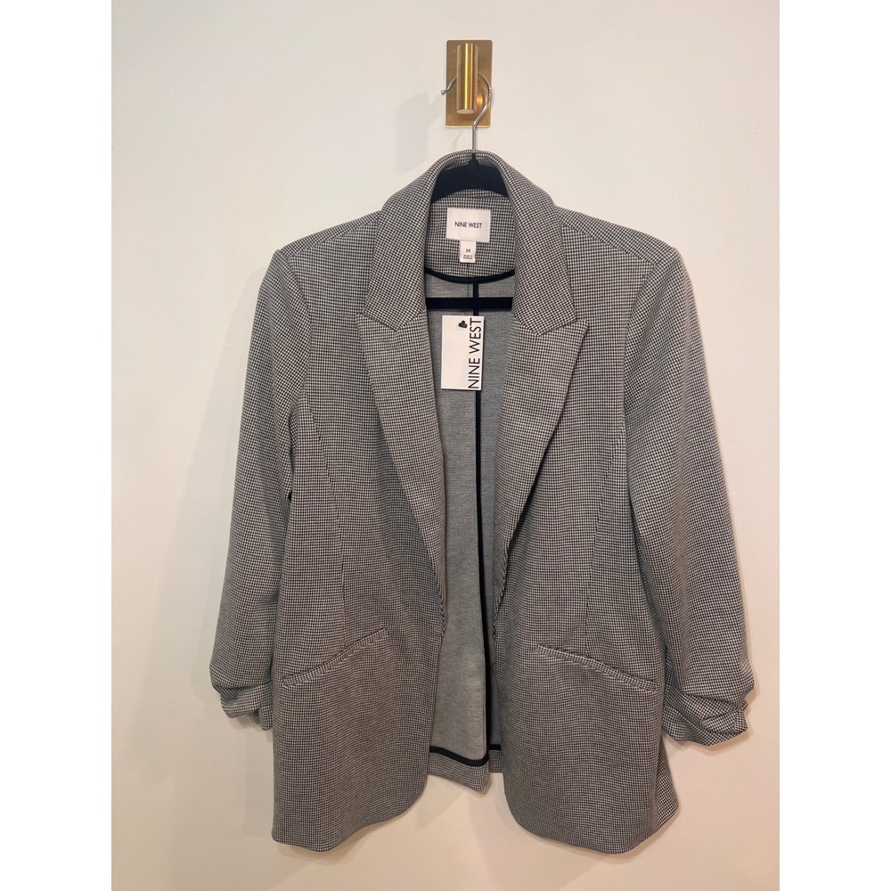 NEW Preppy Light‎ Academia Houndstooth Ruched Sleeve Open Front Blazer Jacket M